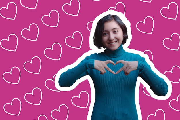 photo collage illustration of a young girl has a smile on her face and with her hands makes a heart