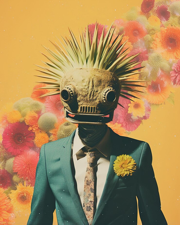 Photo photo collage of a man in a suit with an elaborate mask