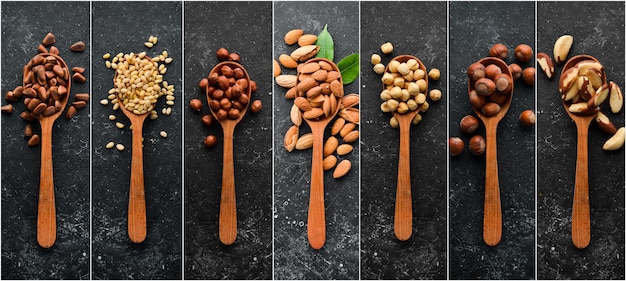 Photo of collage of nuts on black background Food banner