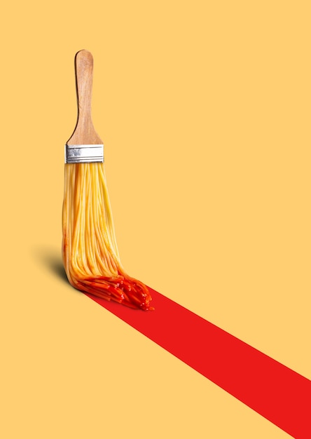 Photo collage of paint brush with spaghetti in red ketchup drawing long red bold stripe on light yellow background. Creative process, brainstorming, inspiration and imagination concept