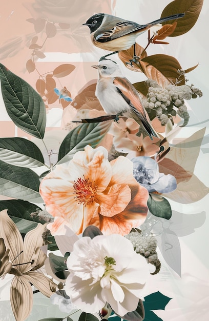 Foto collage fotografico i toni pastelli sono il complemento perfetto per i disegni con foglie di fiori d'uccello