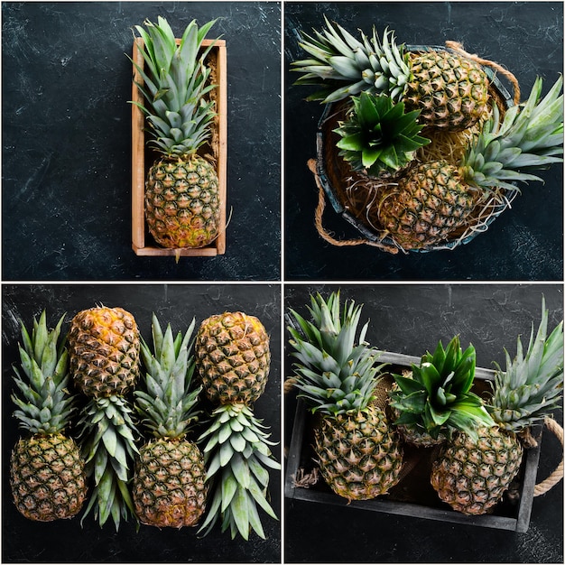 Photo photo collage pineapple tropical fruits on a black background