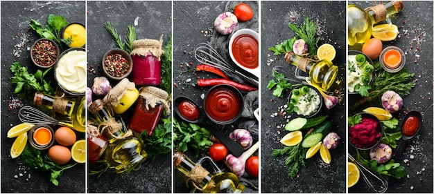 Photo collage of sauces spices and herbs on black stone background