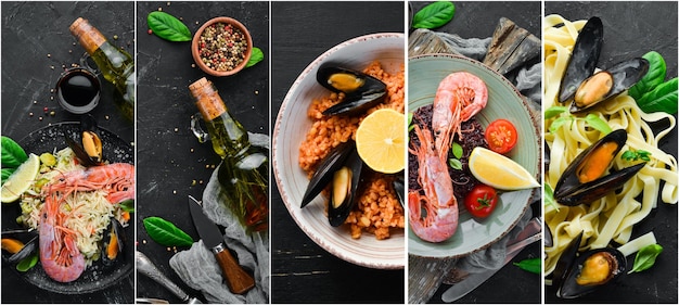 Фотоколлаж блюд из морепродуктов Вид сверху на черном фоне