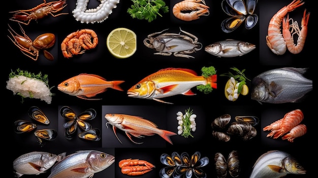 Фотоколлаж Морепродукты Свежая рыба ракообразные и моллюски на черном фоне Генеративный AI