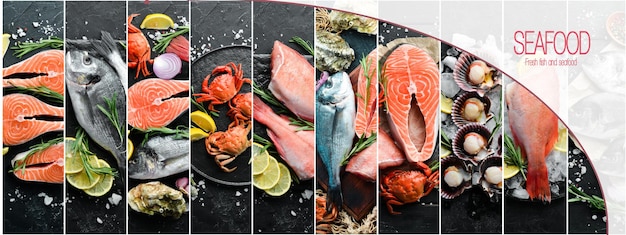 Фото коллаж. Морепродукты и сырая рыба на фоне черного камня.