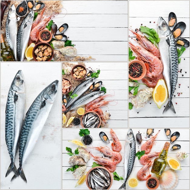 Photo collage seafood On a white wooden background