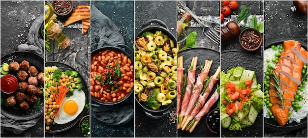 Photo collage Set of food and dishes on black stone background