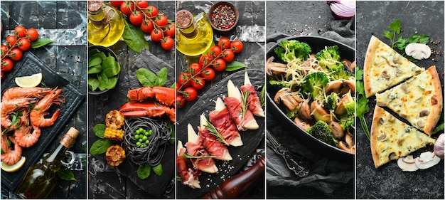 Photo collage Set of food and dishes on black stone background