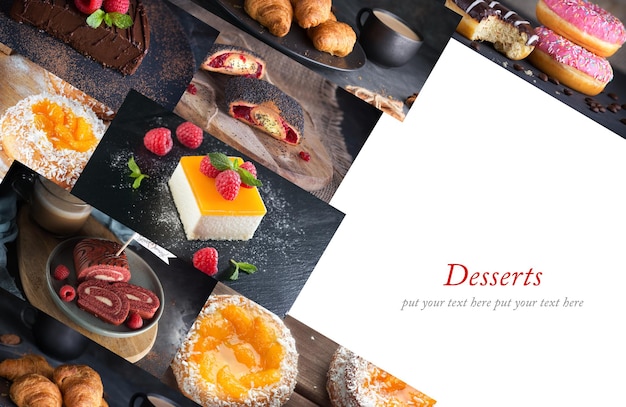 Photo collage with desserts. Restaurant menu.