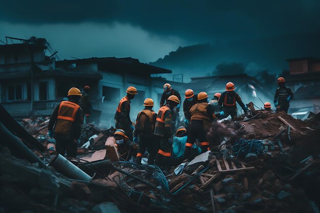 Photo of collapsed building with rescue crew