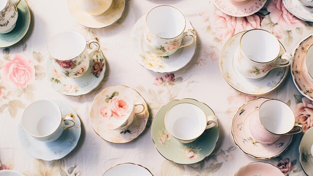 A photo of a collection of antique teacups on a lace tablecloth floral wallpaper backdrop