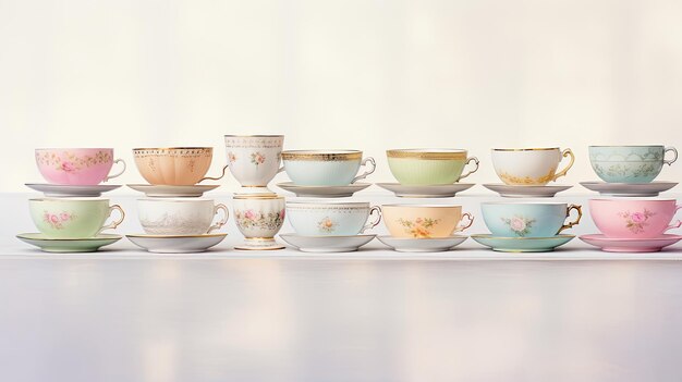 Photo a photo of a collection of antique teacups soft diffused light