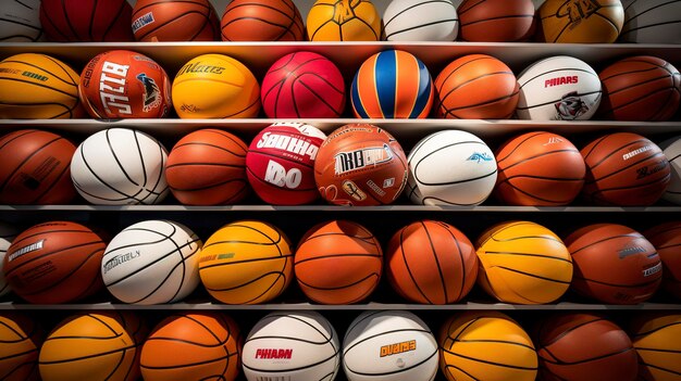 A photo of a collection of basketballs in a sports store