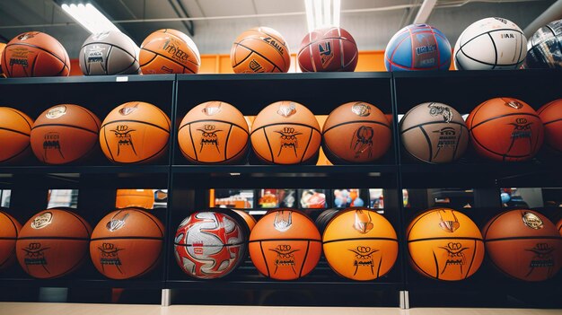 Photo a photo of a collection of basketballs in a sports store
