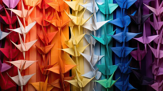 A photo of a collection of colorful origami cranes paper backdrop