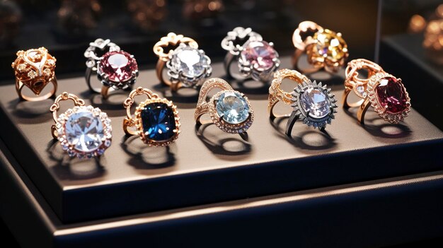 photo of a collection of exquisite rings on a glass display