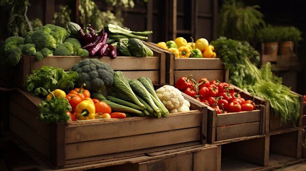 A photo of a collection of fresh vegetables in wooden box