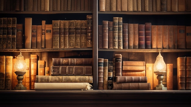 Photo a photo of a collection of old books on a shelf soft ambient light