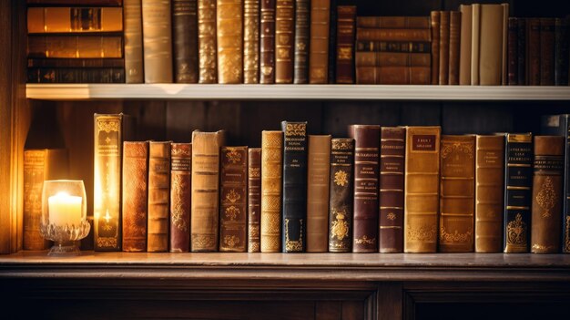 A photo of a collection of old books on a shelf soft ambient light