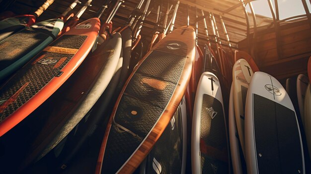 A photo of a collection of paddleboards and paddles