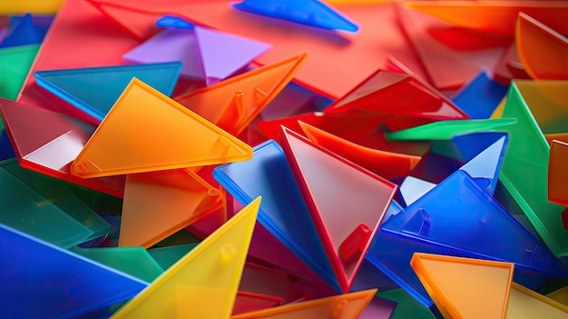 A photo of a collection of plastic tangram pieces on a colorful background soft diffused lighting