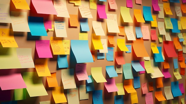 A photo of a collection of sticky notes in various shapes and sizes