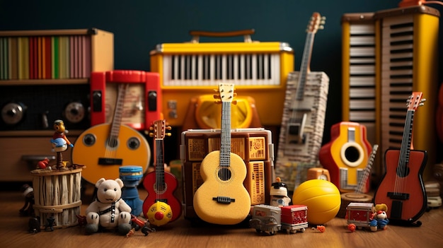 A photo of a collection of toy musical instruments