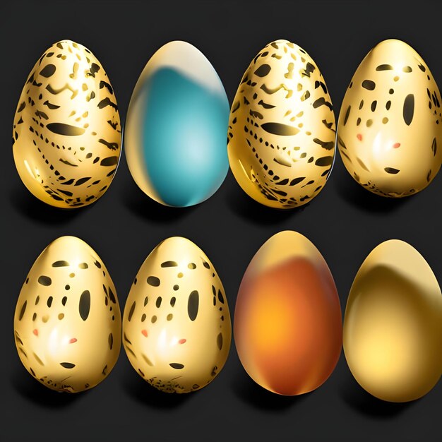 Photo photo a collection of unique golden and colored easter eggs on a black background 1