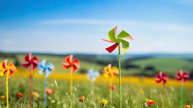 A photo of a collection of vibrant pinwheels spinning in the wind green field backdrop