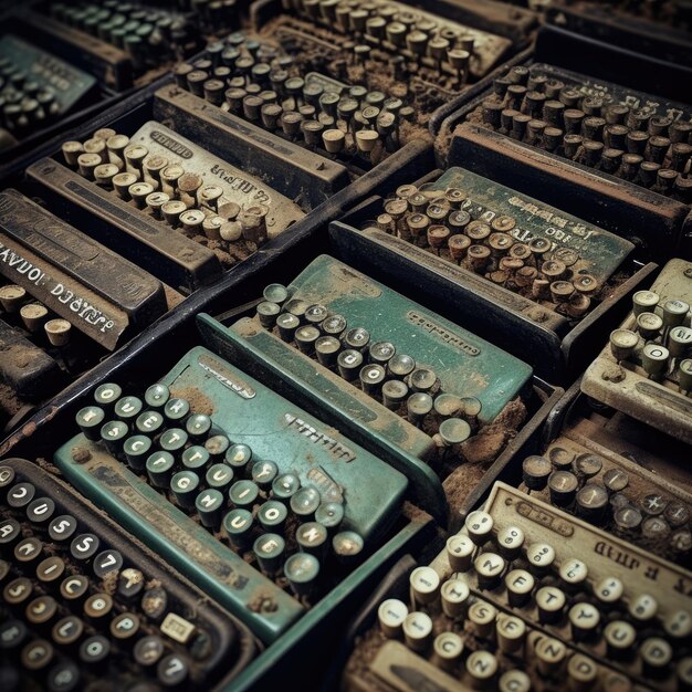 Photo of a collection of vintage typewriters stacked together