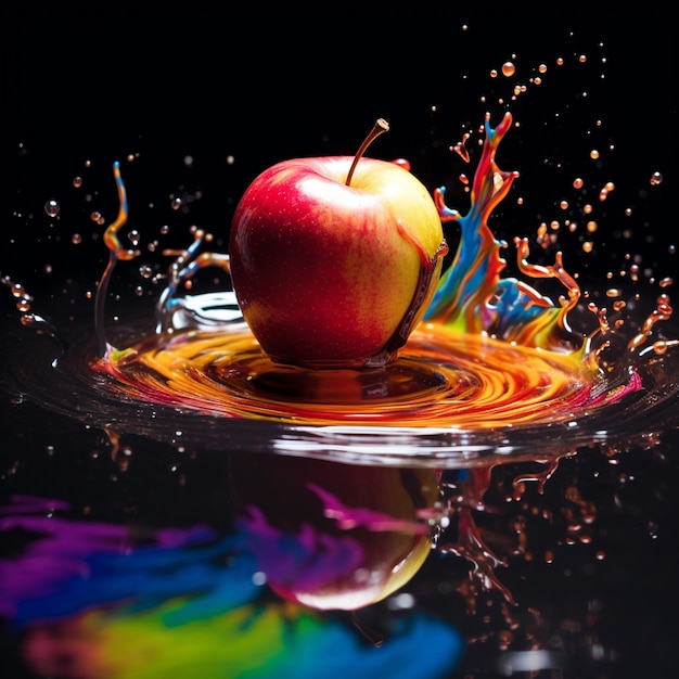 Photo a colorful apple is in a water splash ai generated