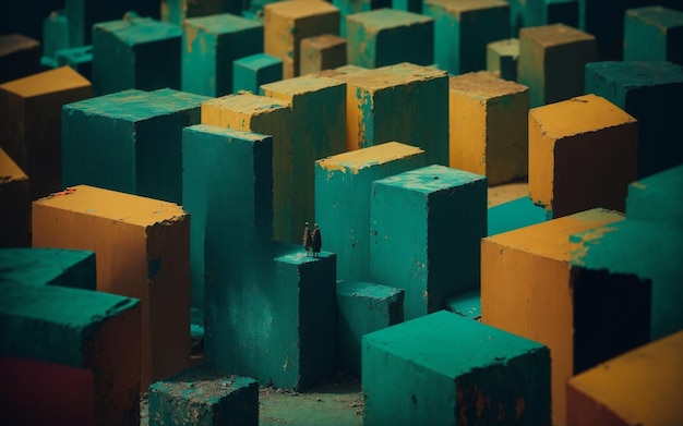 Photo of a colorful arrangement of blocks in various shades of green and yellow