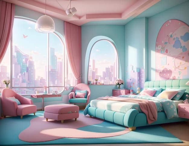 Photo of a colorful bedroom with a pink and blue theme