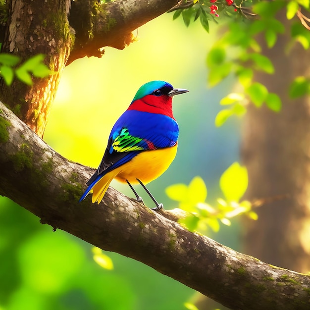 Photo a colorful bird sits on a branch in the forest ai generated