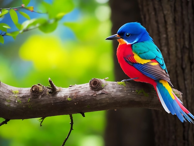 사진 다채로운 새가 숲의 나뭇가지에 앉아 있다
