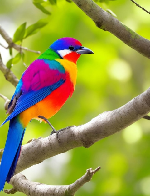 Фото Разноцветная птичка сидит на ветке