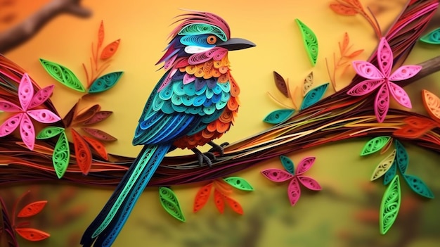 Foto foto un uccello colorato siede carta digitale quilling arte generativa ai