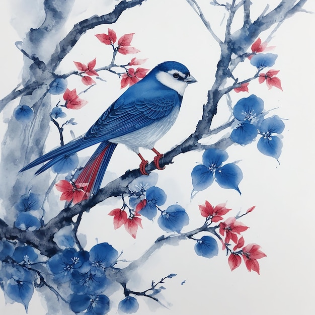 Photo photo colorful birds on stick blooming tree with flower in watercolor design artistic generator ai