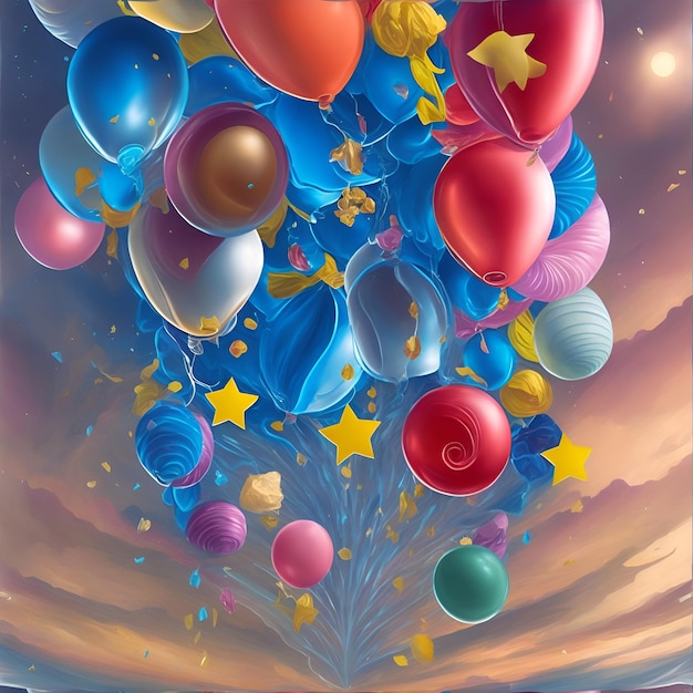 Photo of a colorful bunch of balloons floating in the air