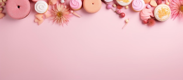 Photo of colorful candies on a pink background with space for text or design with copy space