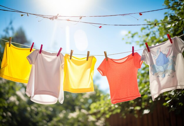 Photo of colorful clothes hanging on rope for dry them from sun light