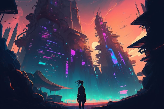 Photo of Colorful Cyberpunk metaverse City Background in anime style concept art digital art image