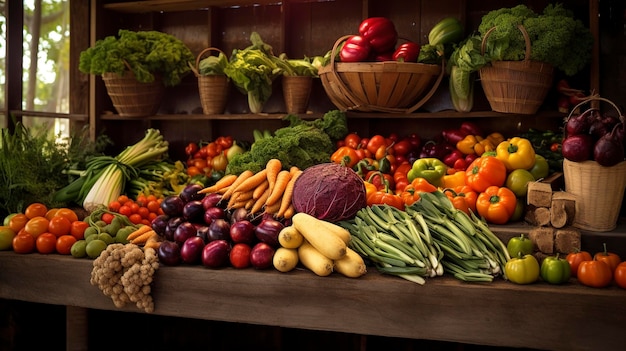 A Photo of a Colorful Display of Fresh Fruits and Vegetables at a Farm Market