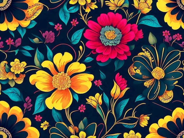 黒い背景のカラフルな花のシームレスパターン