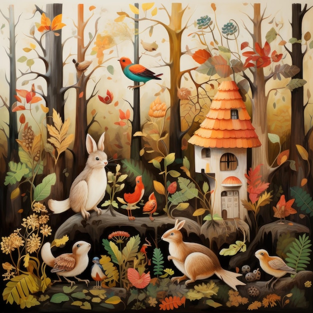 Photo of a colorful forest with birds and a charming birdhouse