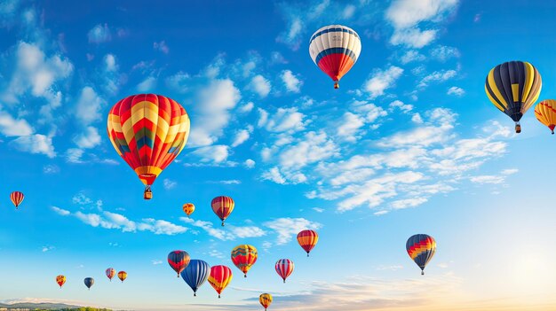 A photo of a colorful hot air balloon festival clear blue sky