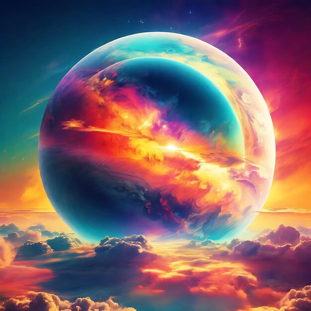 Photo a colorful illustration of a planet with the sun and clouds on it