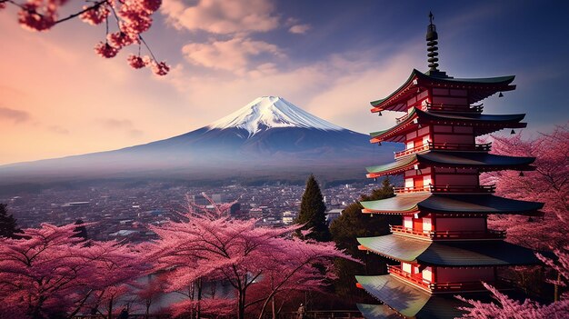 Photo a colorful landscape with a mountain and a pagoda in the background