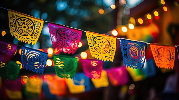 A photo of a colorful Mexican fiesta papel picado banners